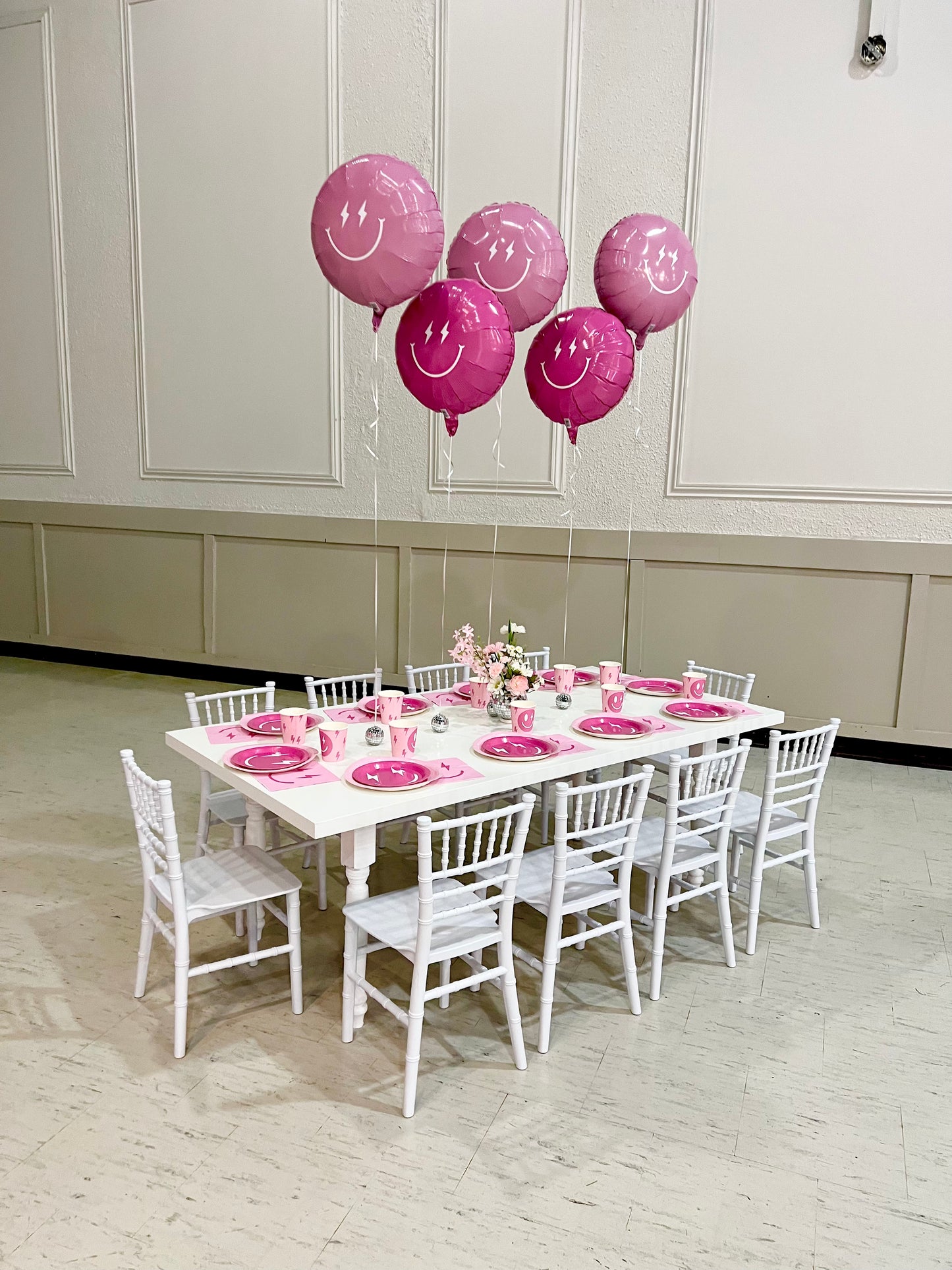 Kids Farmhouse Table and Pink Chiavari Toddler Chair Rental